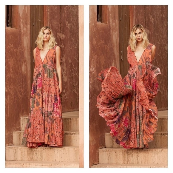 MES DEMOISELLES Bonnie Multicolor Deep V Neck Floral Maxi Dress Size 38/6 NWT - Picture 1 of 14